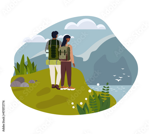 Couple camping concept. Young man and woman with backpacks standing on hill and admiring beautiful landscape. Traveling or hiking. Outdoor recreation. Cartoon contemporary flat vector illustration