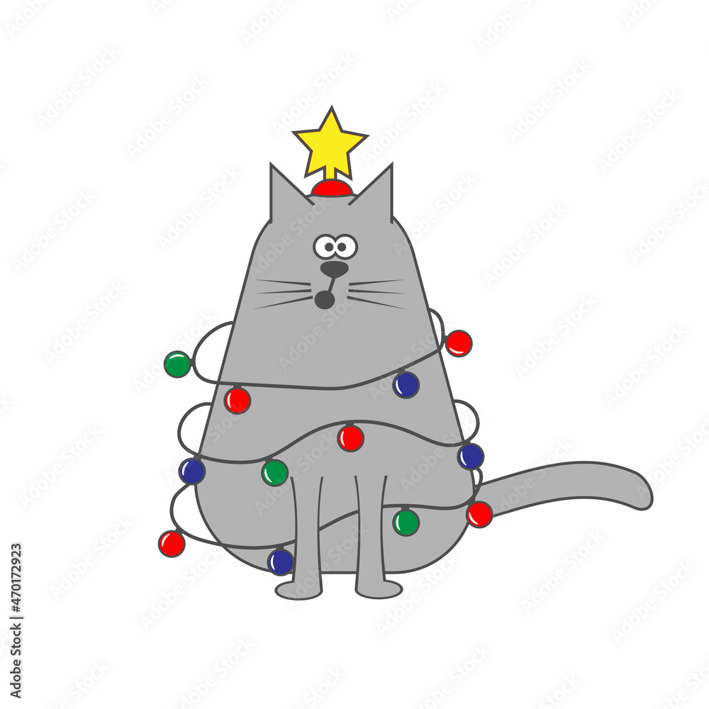 Christmas card. Cute kitten decorated with a garland, vector illustration