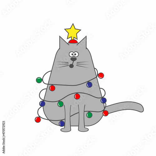 Obraz na płótnie Christmas card. Cute kitten decorated with a garland, vector illustration w salonie