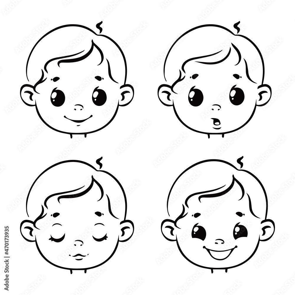 A set of children's faces with different emotions. Boy character black line. Vector illustration of a character in a cartoon children's style. Isolated funny clipart. A set of children's faces with different emotions. Boy character black line. Vector illustration of a character in a cartoon children's style. Isolated funny clipart.