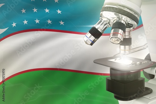 Uzbekistan science development concept - microscope on flag background. Research in medicine or nanotechnology 3D illustration of object