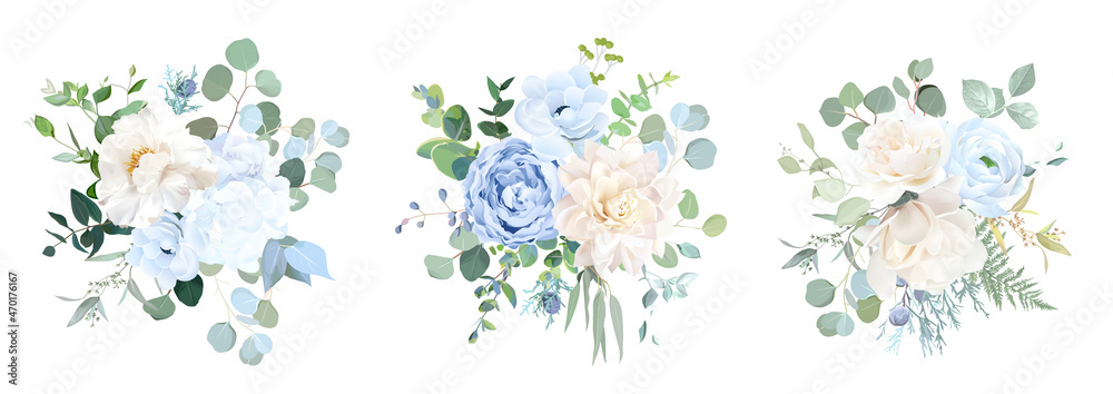 Dusty blue, ivory beige rose, white hydrangea, magnolia, peony, ranunculus Dusty blue, ivory beige rose, white hydrangea, magnolia, peony, ranunculus