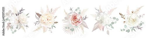 Ecru, white, blush pink rose, pale ranunculus, dusty magnolia, hydrangea, pampas grass