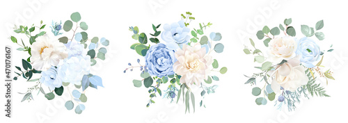 Dusty blue, ivory beige rose, white hydrangea, magnolia, peony, ranunculus