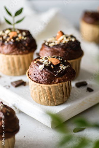 chocolate muffins with nuts and chocolate
