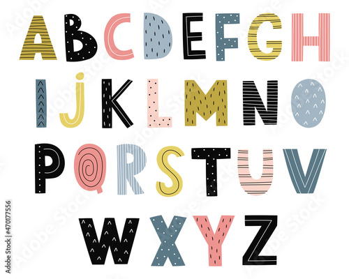 Hand drawn cute alphabet for kids. Bright multicolored letters. Perfect for education, design of postcards, posters, children's room. Vector illustration
