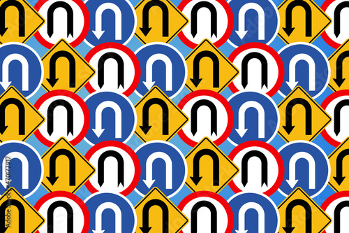 Road signages in seamless pattern. U-turn or no U-turn road signage for vehicles and transporation on highway