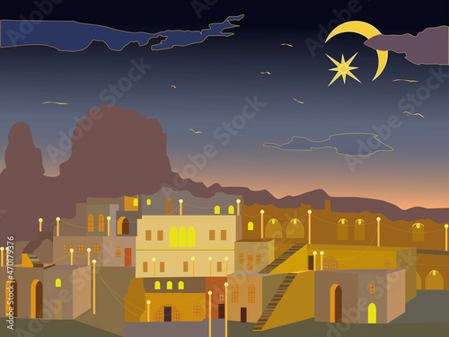 Aged middle east antique turkey orient  vintage tower dwelling. Old city hot air balloon flight on sunrise. Travel to Turkey. Retro poster, vintage banner. Hand drawing flat vector illustration .
