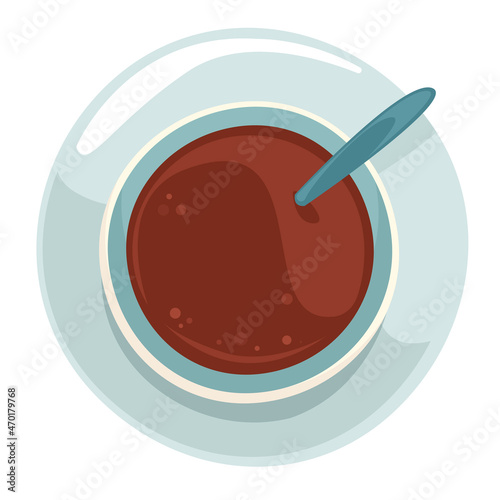 Mug with hot coffee top view. The concept of the morning and the beginning of the working day. Vector illustration in flat style.