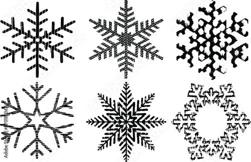Grunge Textured Snowflakes Collection. Can be used as Banners, Insignias or Badges. Vector Distressed Texture Set. Blank Geometric Shapes. Vector Illustration. Black isolated on white. EPS10.
