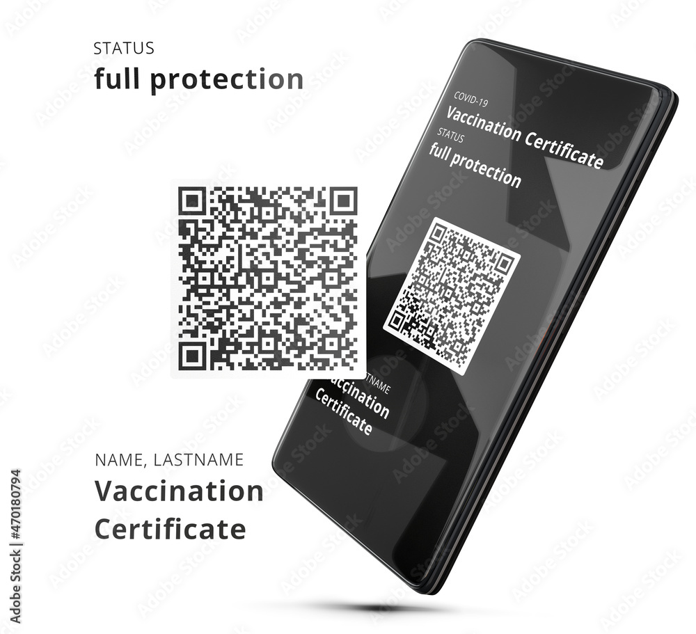 QR code Covid19 sample data vaccinated, Vaccination certificate mobile