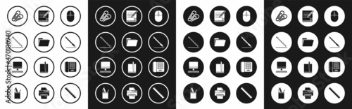 Set Computer mouse, Document folder, Pencil with eraser and line, Paper clip, Blank notebook pencil, Telephone and monitor keyboard icon. Vector
