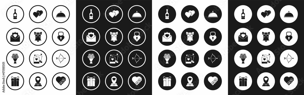 Set Covered with a tray of food, Ringing bell, Envelope Valentine heart, Champagne bottle, Castle the shape, Two Linked Hearts, Bow and arrow and Bouquet flowers icon. Vector