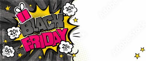Bright comic banner for black friday discounts or sales. Cloud text frame on a ray background. Template for web design, flyers, banners, coupons, applications and posters. Vector illustration