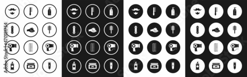Set Cream or lotion cosmetic tube, Shaving gel foam hand, Classic Barber shop pole, Mustache beard, Hairbrush, dryer and icon. Vector