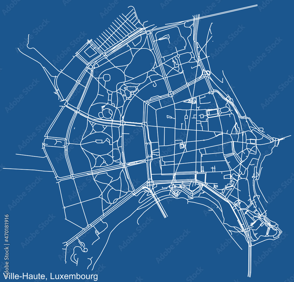 Detailed technical drawing navigation urban street roads map on blue background of the district Ville-Haute Quarter of the Luxembourgish capital city of Luxembourg City, Luxembourg