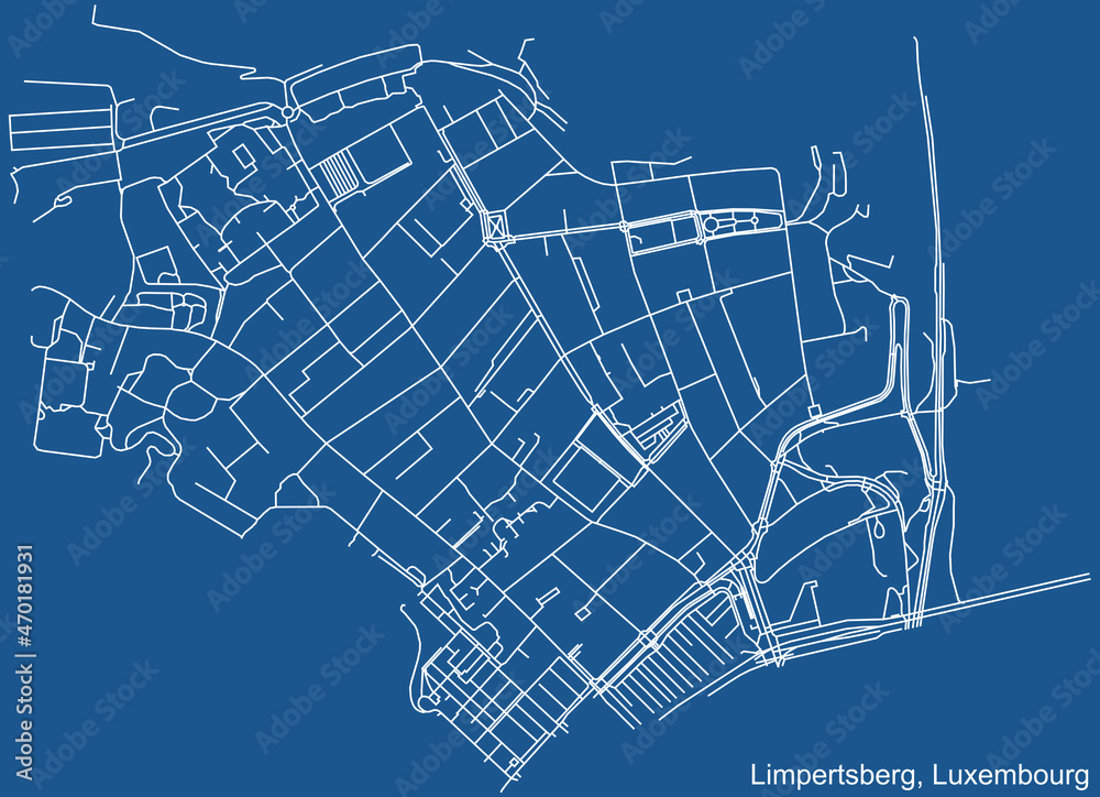 Detailed technical drawing navigation urban street roads map on blue background of the district Limpertsberg Quarter of the Luxembourgish capital city of Luxembourg City, Luxembourg