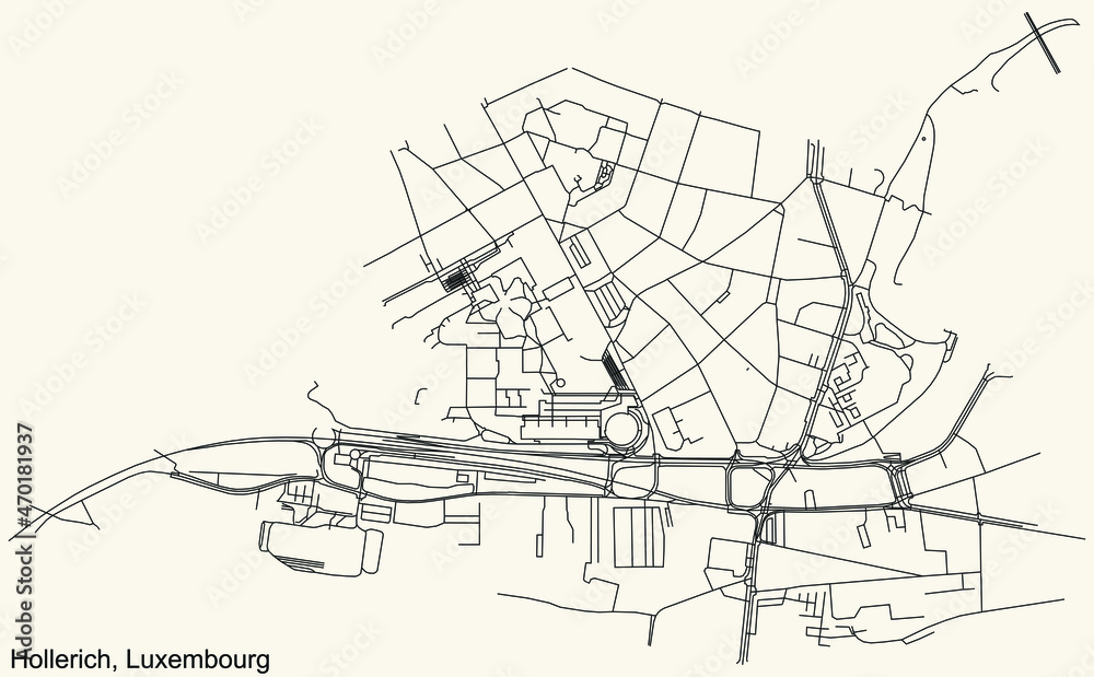 Detailed navigation urban street roads map on vintage beige background of the district Hollerich Quarter of the Luxembourgish capital city of Luxembourg City, Luxembourg