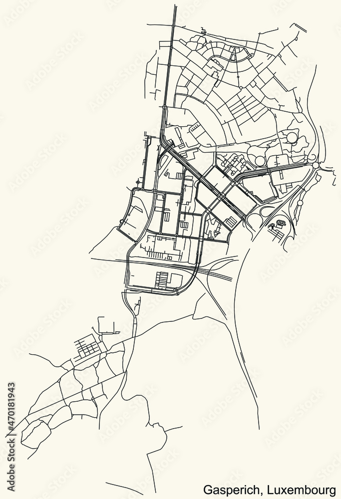 Detailed navigation urban street roads map on vintage beige background of the district Gasperich Quarter of the Luxembourgish capital city of Luxembourg City, Luxembourg