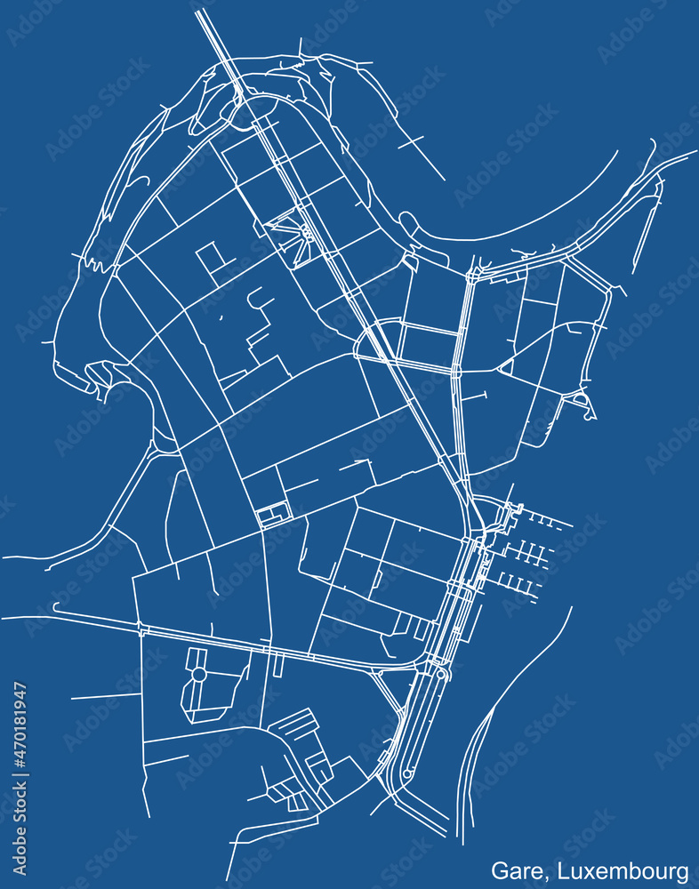 Detailed technical drawing navigation urban street roads map on blue background of the district Gare Quarter of the Luxembourgish capital city of Luxembourg City, Luxembourg