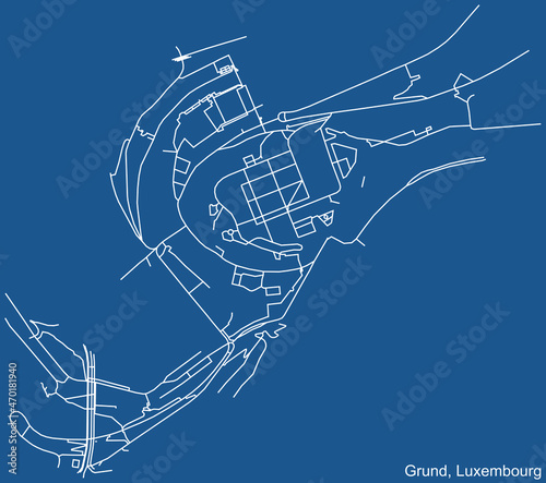 Detailed technical drawing navigation urban street roads map on blue background of the district Grund Quarter of the Luxembourgish capital city of Luxembourg City, Luxembourg