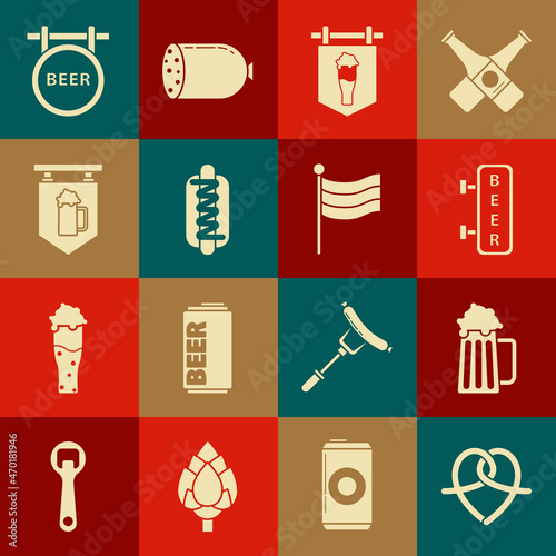 Set Pretzel, Wooden beer mug, Street signboard with inscription Beer, glass of, Hotdog sandwich mustard, and National Germany flag icon. Vector