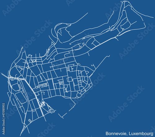 Detailed technical drawing navigation urban street roads map on blue background of the district Bonnevoie Quarter of the Luxembourgish capital city of Luxembourg City, Luxembourg