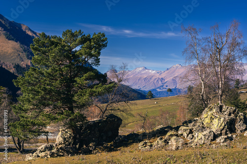 Landscape in the mountains in autumn.  Arkhyz. Karachay-Cherkessia. Russia.