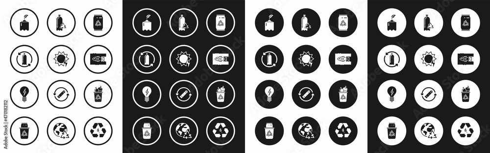 Set Can with recycle symbol and can, Solar energy panel, Recycling plastic bottle, Sprout, Stop ocean pollution, Recycle bin and Light bulb lightning icon. Vector Set Can with recycle symbol and can, Solar energy panel, Recycling plastic bottle, Sprout, Stop ocean pollution, Recycle bin and Light bulb lightning icon. Vector