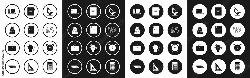 Set Microscope, Notebook, School backpack, Computer monitor with keyboard and mouse, Paper clip, Alarm clock and Briefcase icon. Vector Set Microscope, Notebook, School backpack, Computer monitor with keyboard and mouse, Paper clip, Alarm clock and Briefcase icon. Vector