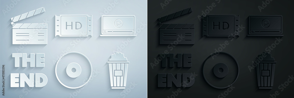 Set CD or DVD disk, Online play video, The End handwritten inscription, Popcorn cardboard box, 4k movie, tape, frame and Movie clapper icon. Vector