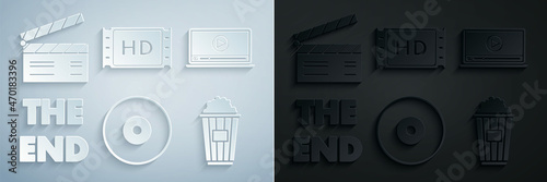 Set CD or DVD disk, Online play video, The End handwritten inscription, Popcorn cardboard box, 4k movie, tape, frame and Movie clapper icon. Vector