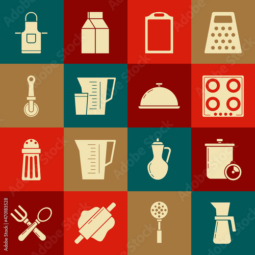 Set Measuring cup, Cooking pot and kitchen timer, Gas stove, Cutting board, Pizza knife, Kitchen apron and Covered with tray of food icon. Vector