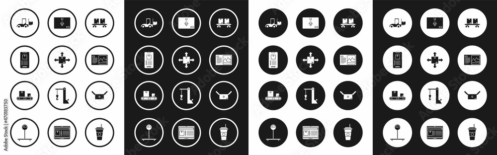 Set Railway carriage, Cardboard box with traffic symbol, Mobile phone app delivery tracking, Forklift truck, Postcard, and Conveyor belt cardboard icon. Vector Set Railway carriage, Cardboard box with traffic symbol, Mobile phone app delivery tracking, Forklift truck, Postcard, and Conveyor belt cardboard icon. Vector