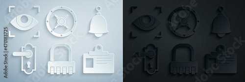 Set Safe combination lock, Ringing bell, Door handle, Identification badge, and Eye scan icon. Vector