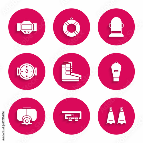 Set Boots, Diving belt, Rubber flippers for swimming, Lift bag, mask, Wind rose, Buoy and watch icon. Vector