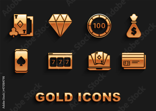 Set Online slot machine with lucky sevens jackpot, Money bag, Credit card, poker table game, Casino chips, Playing diamonds and Diamond icon. Vector