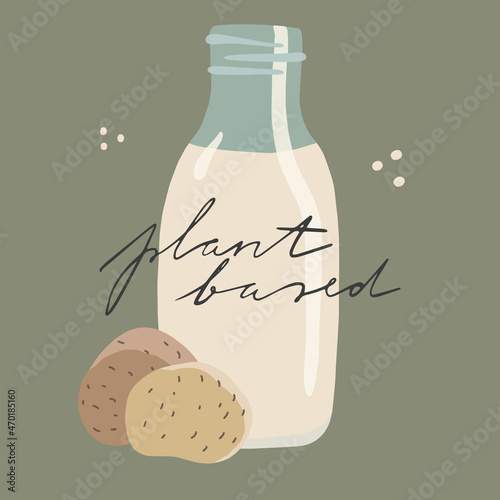 Plant based potato milk glass with tube and lettering. Vegan drink