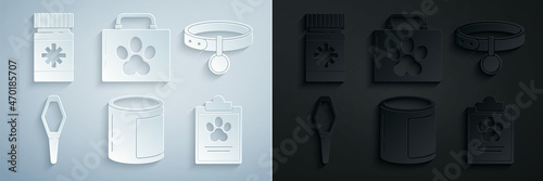 Set Canned food, Collar with name tag, Pets vial medical, Clipboard clinical record pet, first aid kit and Dog medicine bottle and pills icon. Vector