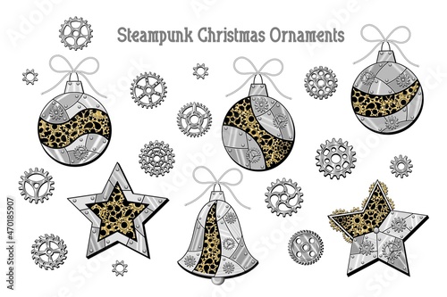 Set of christmas balls, stars, bell, gears made of shiny silver metal plates, gold gears, cogwheels, rivets in steampunk style. Isolated on white. Vector illustration.