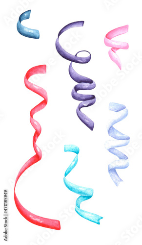Festive ribbons watercolor illustration. Pink, blue, purple ribbons. Illustrations are isolated. Winter, Christmas, New Year's picture. For the design of postcards, invitations, stickers and printing.