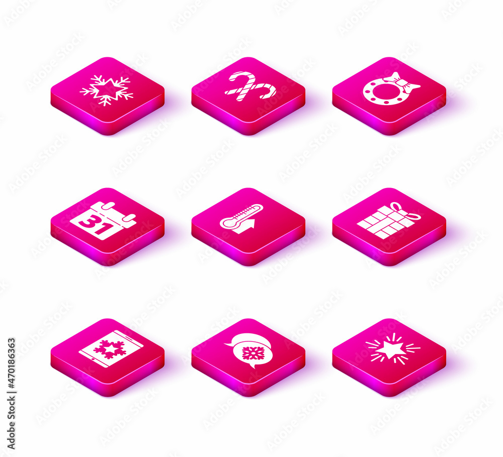 Set Christmas on smartphone and snowflake, Snowflake with speech bubble, Calendar, Meteorology thermometer measuring, star, Gift box, wreath and candy cane stripes icon. Vector Set Christmas on smartphone and snowflake, Snowflake with speech bubble, Calendar, Meteorology thermometer measuring, star, Gift box, wreath and candy cane stripes icon. Vector