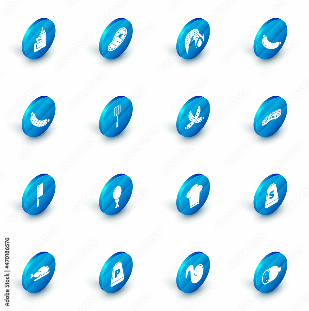 Set Steak meat, Grilled fish steak and fire flame, Sausage, Meat chopper, Spatula, and Crossed sausage icon. Vector Set Steak meat, Grilled fish steak and fire flame, Sausage, Meat chopper, Spatula, and Crossed sausage icon. Vector