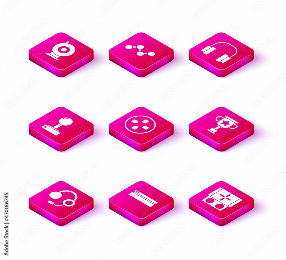 Set Headphones, Video game console, Joystick for arcade machine, Gamepad, Portable video, Award cup, and Share icon. Vector Set Headphones, Video game console, Joystick for arcade machine, Gamepad, Portable video, Award cup, and Share icon. Vector