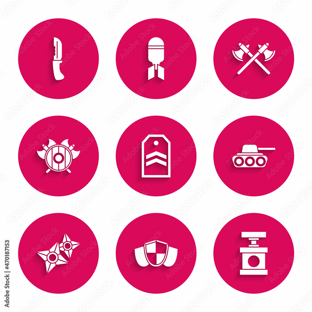 Set Chevron, Shield, Handle detonator for dynamite, Military tank, Japanese ninja shuriken, Medieval shield with crossed axes, Crossed medieval and knife icon. Vector Set Chevron, Shield, Handle detonator for dynamite, Military tank, Japanese ninja shuriken, Medieval shield with crossed axes, Crossed medieval and knife icon. Vector
