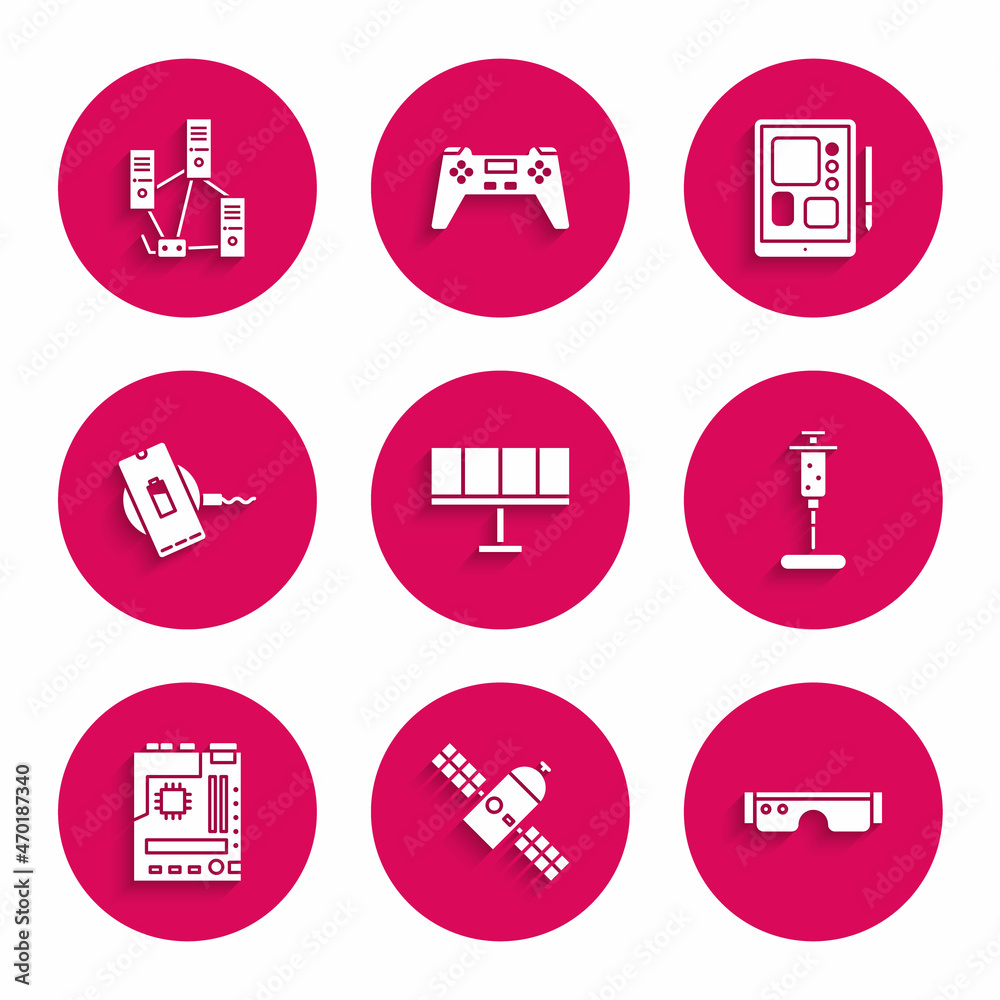 Set Solar energy panel, Satellite, Smart glasses, Syringe, Motherboard, Wireless charger, Graphic tablet and Computer network icon. Vector