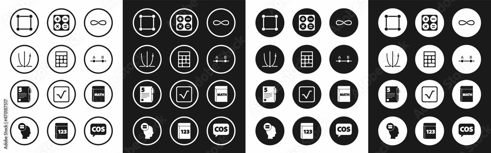 Set Infinity, Calculator, Graph, schedule, chart, diagram, Geometric figure Square, Book with word mathematics and Test exam sheet and pen icon. Vector Set Infinity, Calculator, Graph, schedule, chart, diagram, Geometric figure Square, Book with word mathematics and Test exam sheet and pen icon. Vector