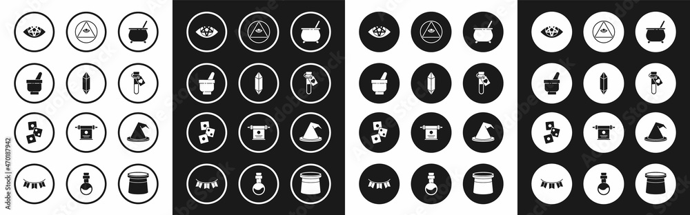 Set Witch cauldron, Magic stone, mortar and pestle, Pentagram, Bottle with love potion, Masons, hat and Game dice icon. Vector