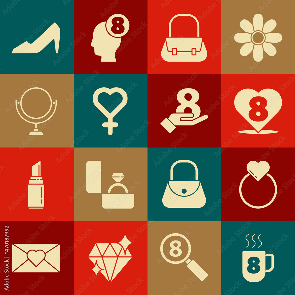Set Coffee cup with 8 March, Wedding rings, Heart, Handbag, Female gender symbol, Round makeup mirror, Woman shoe and on hand icon. Vector Set Coffee cup with 8 March, Wedding rings, Heart, Handbag, Female gender symbol, Round makeup mirror, Woman shoe and on hand icon. Vector