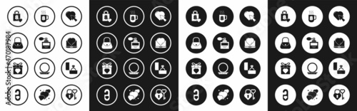 Set Heart and cursor click, Perfume, Handbag, Shopping with heart, Online dating app chat, Coffee cup 8 March, Diamond engagement ring and Gift box icon. Vector